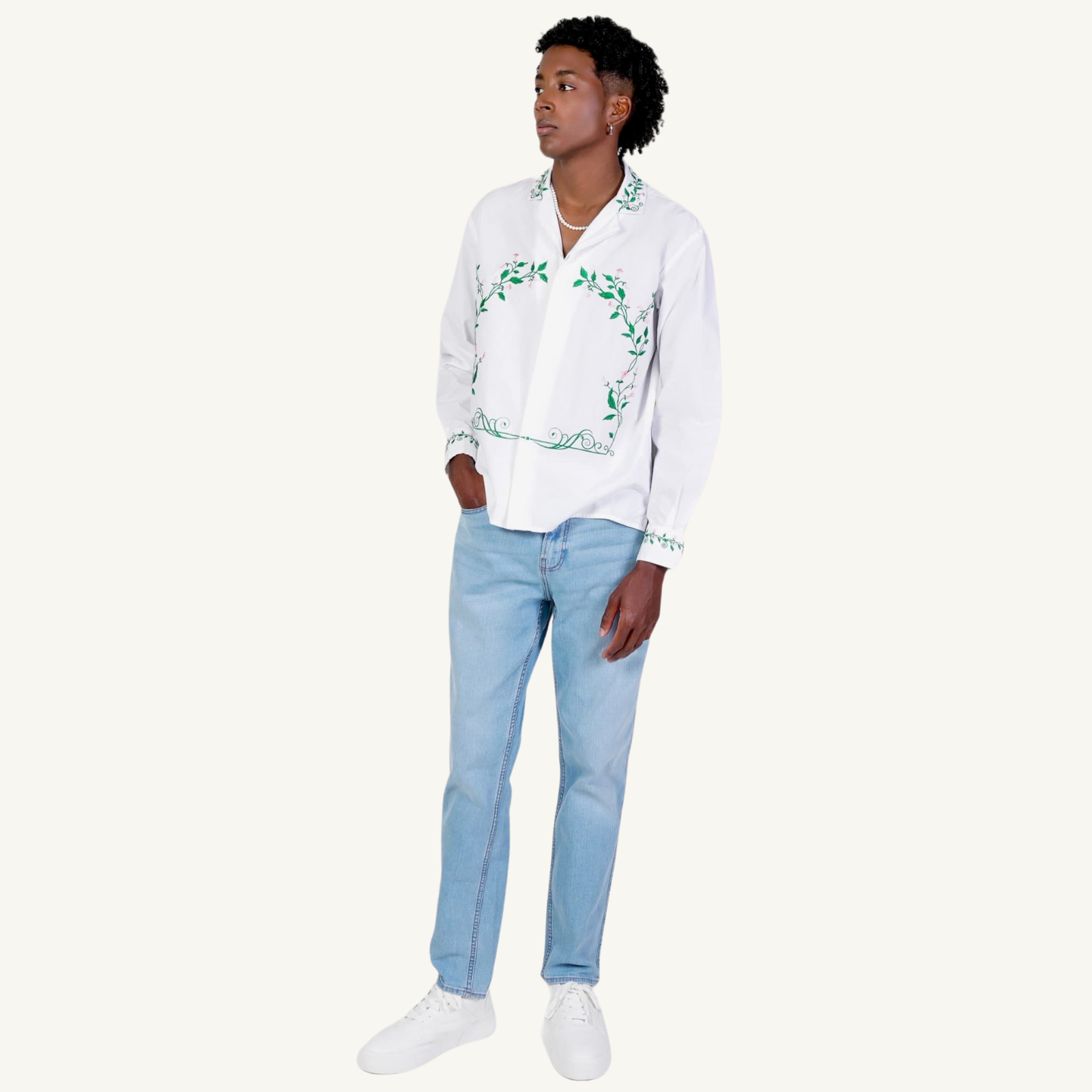 Floral Embroidery Full Sleeve Camp Collar Shirt