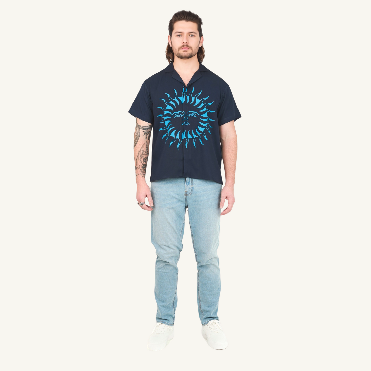 Sun Print Half Sleeve Camp Collar Shirt – Blue