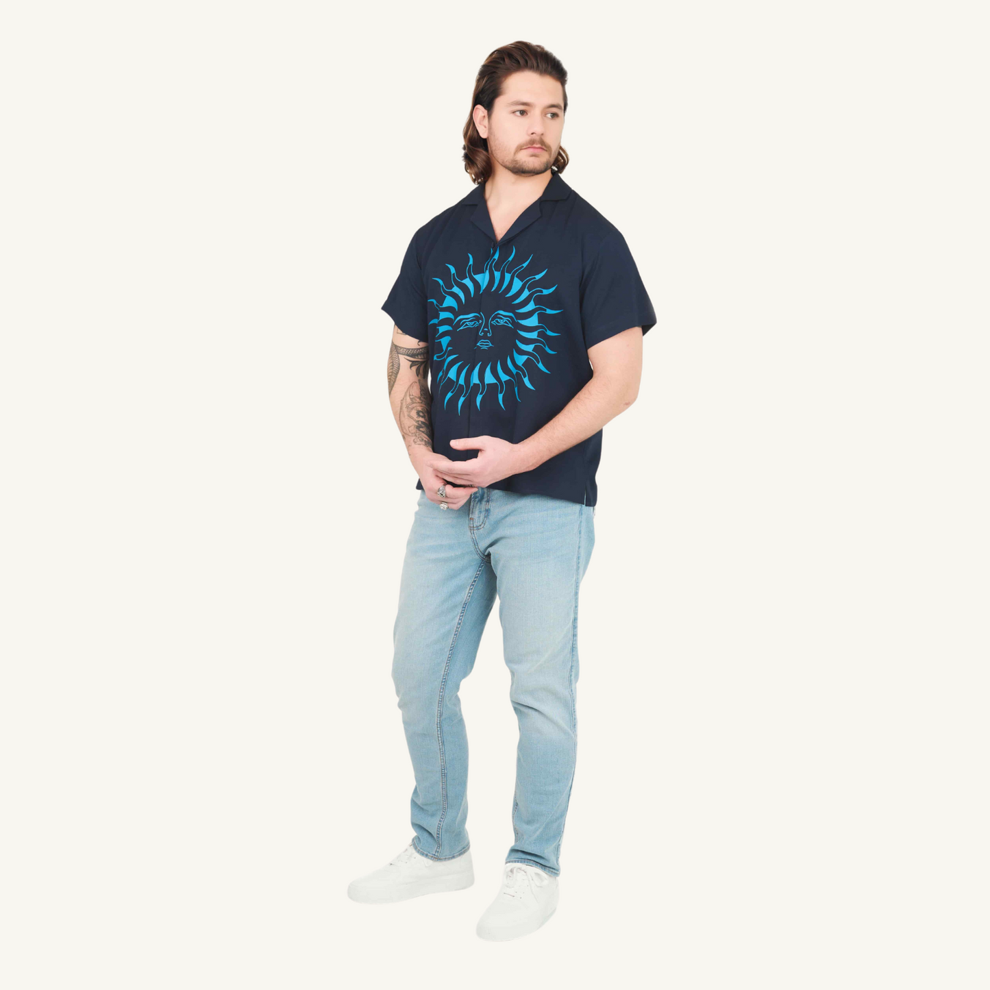 Sun Print Half Sleeve Camp Collar Shirt – Blue