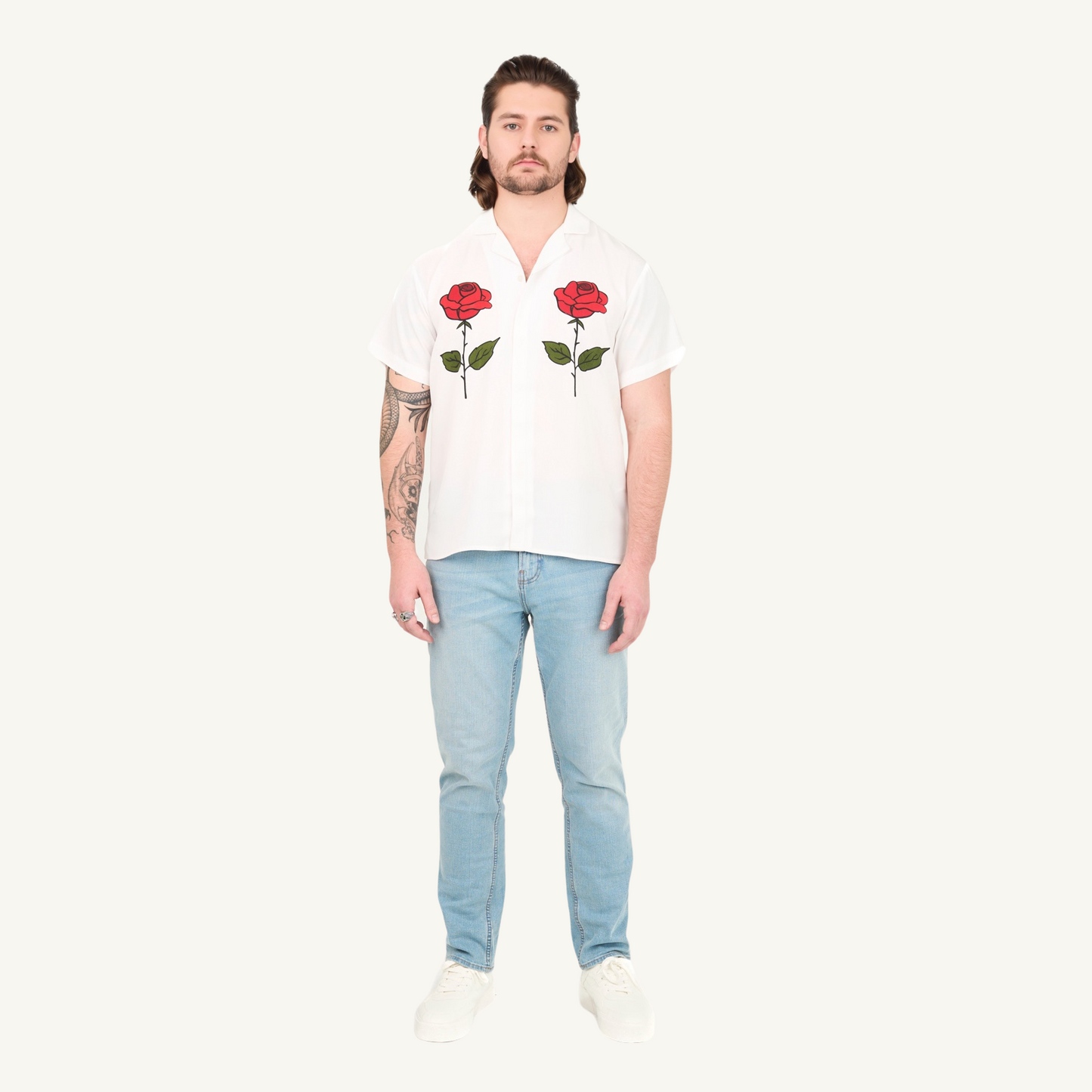 Printed Roses Half Sleeve Camp Collar Shirt