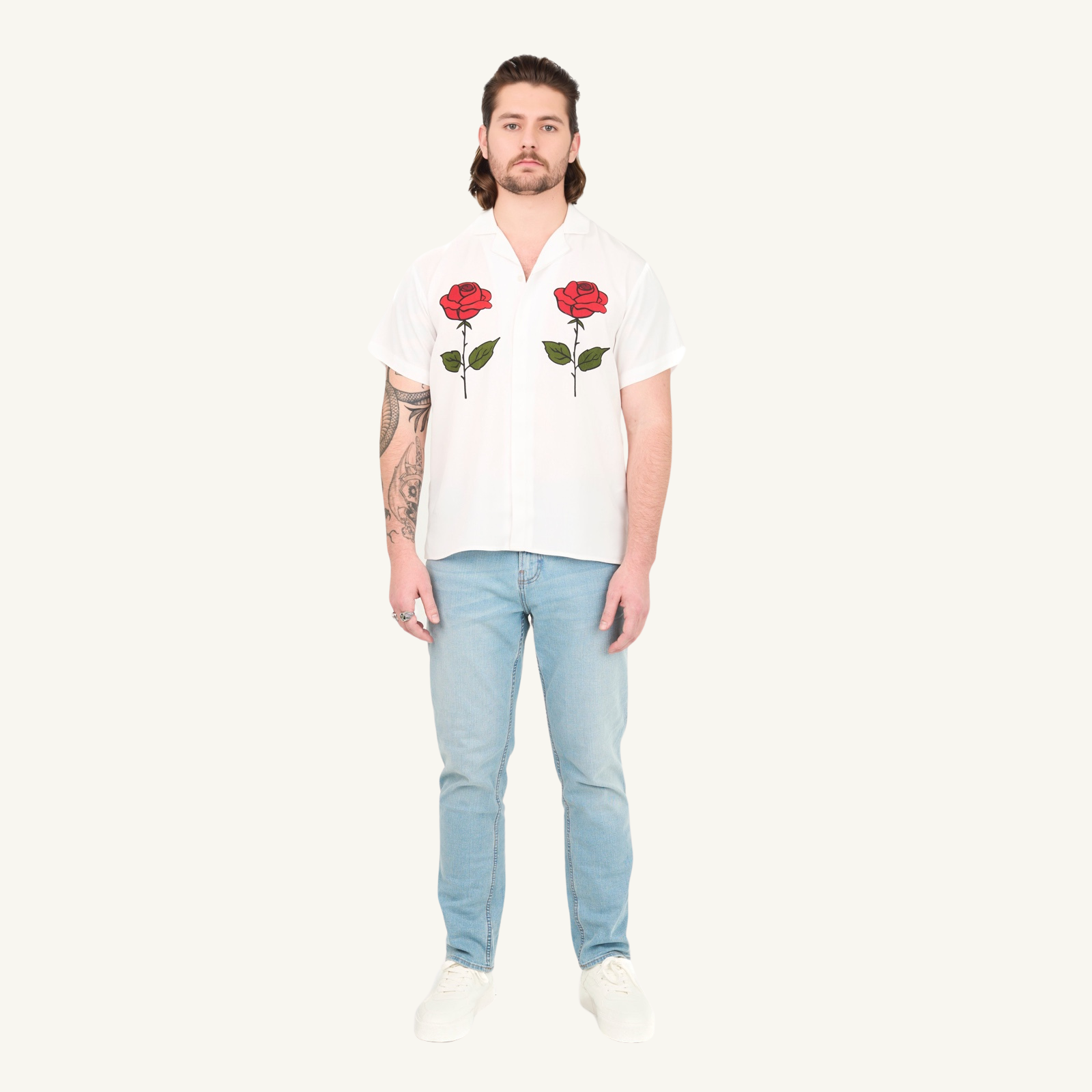 Printed Roses Half Sleeve Camp Collar Shirt