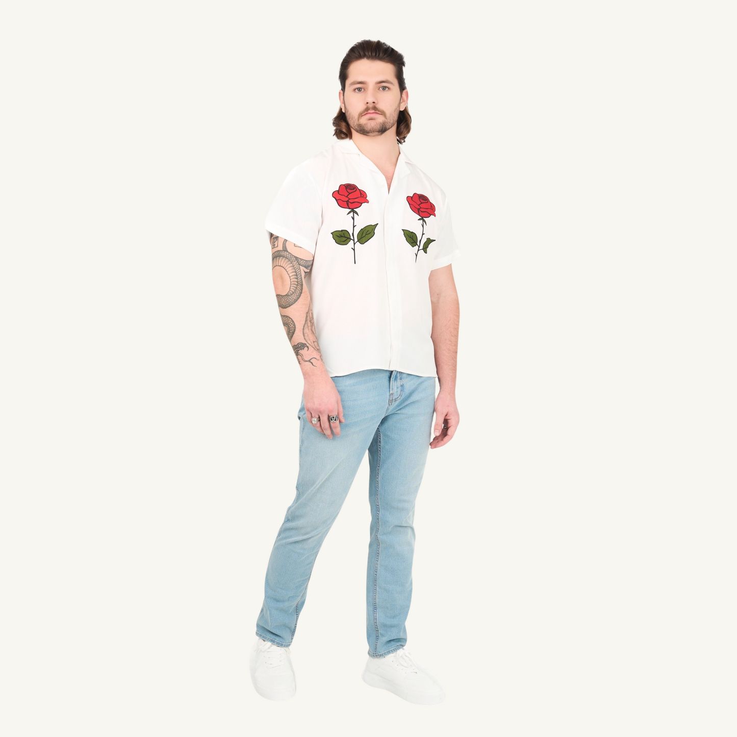 Printed Roses Half Sleeve Camp Collar Shirt